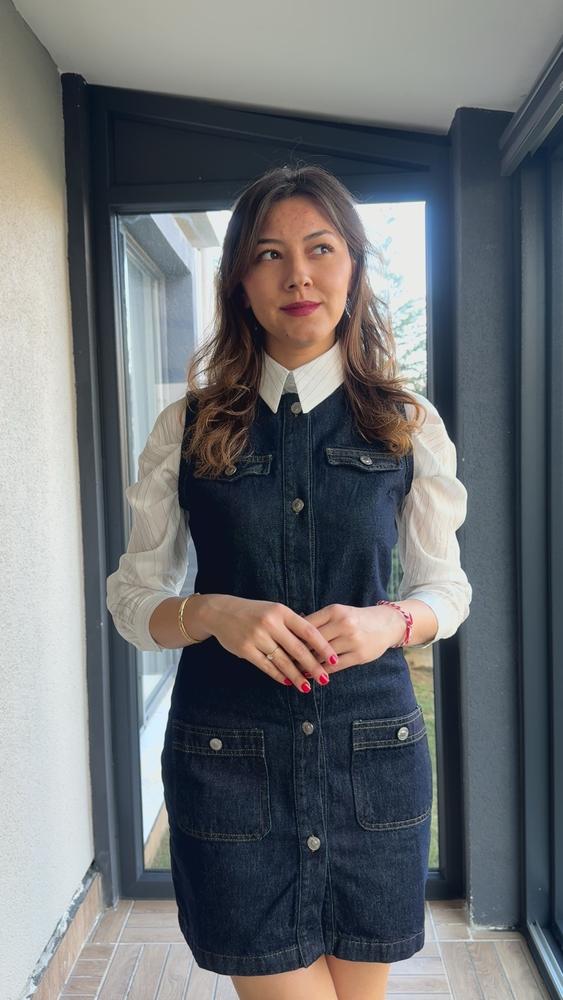 Koyu Mavi Düğmeli Denim Mini Elbise resmi