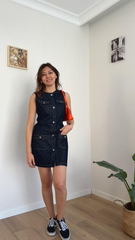 Koyu Mavi Düğmeli Denim Mini Elbise resmi